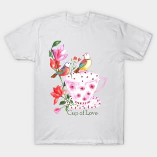 Cup of love, red and yellow birds on a pink floral cup T-Shirt